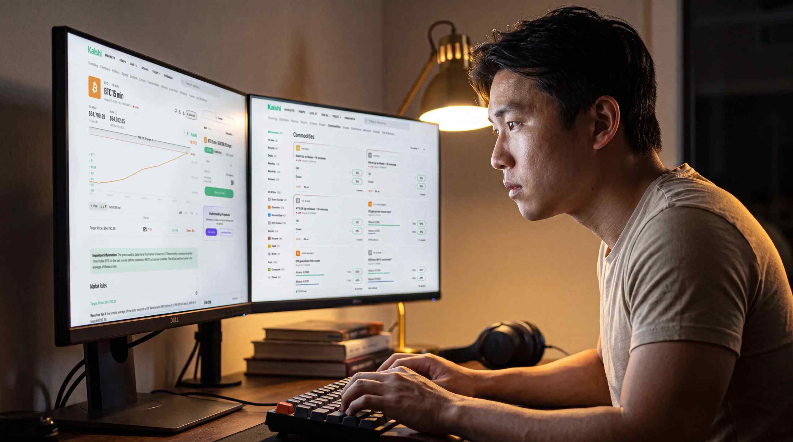 A man using tool monitors to trade on Kalshi.